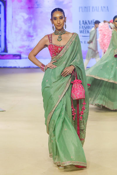 Sage green marodi embroidered sari set