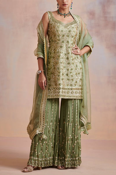 Sage green mirror embroidered gharara set