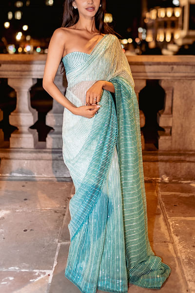 Sage green ombre linear sequinned sari set