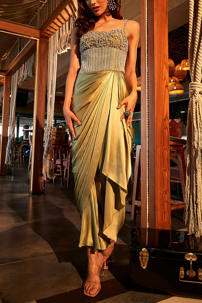 Sage green pearl embroidery drape corset dress