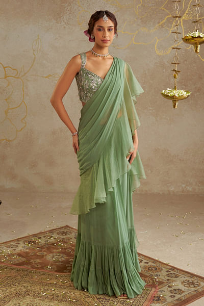 Sage green pre-draped sari set