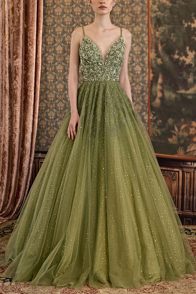 Sage green rose embroidered gown