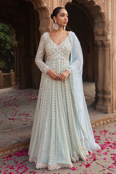 Sage green sequin embroidered anarkali set