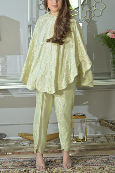 Sage green sequin embroidered tunic set