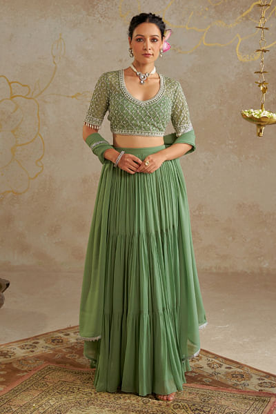 Sage green tiered lehenga set
