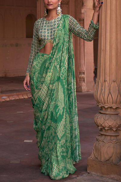 Sage green tree printed sharara sari set