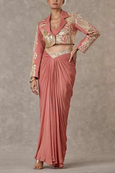 Salmon dori embroidery blazer and skirt set