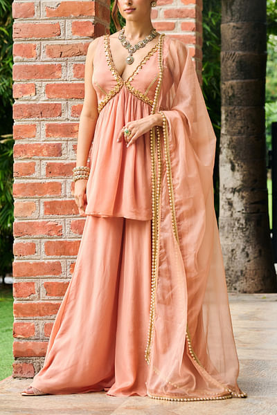 Salmon embroidered kurta and sharara set