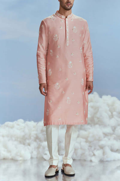 Nachiket Barve Salmon floral embroidery kurta set NABFEB23D110