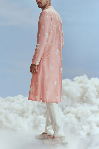 Nachiket Barve Salmon floral embroidery kurta set NABFEB23D110