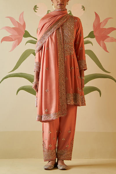Salmon pearl and crystal embroidery anarkali set