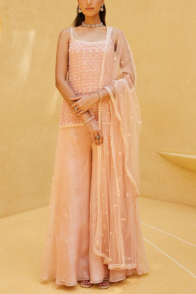 Salmon pink crystal embroidered kurta set