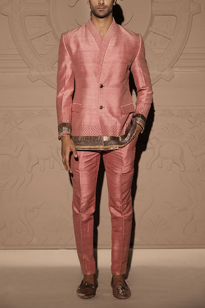 Salmon pink metallic embellished blazer set