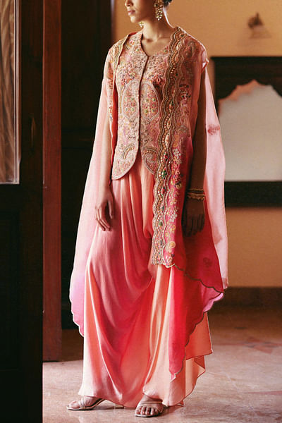 Salmon pink ombre scallop cape and jacket set