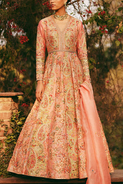 Salmon pink paisley embroidered anarkali set