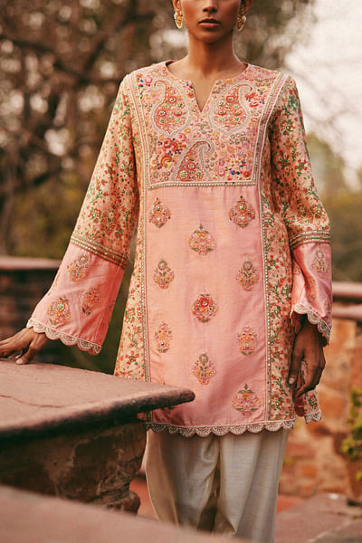 Salmon pink paisley embroidered kurta set
