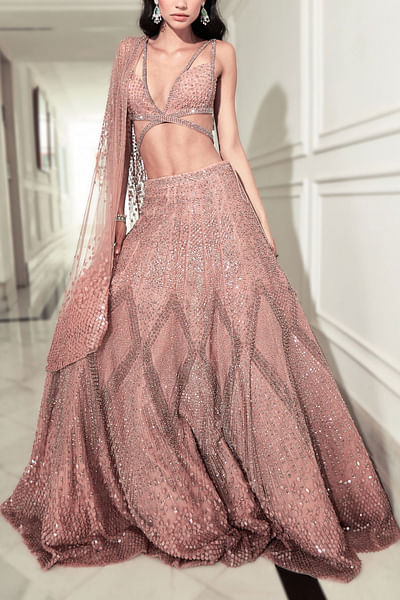 Salmon pink tonal embroidery lehenga set