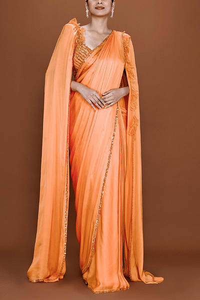 Salmon pre-stitched sari set