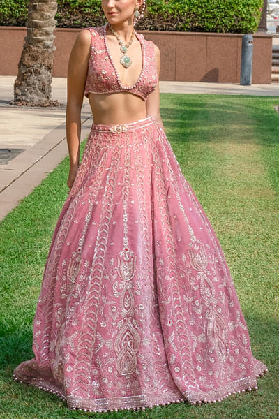 Salomon pink floral embroidery lehenga set