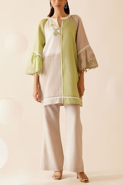 Sand and green floral appliqued tunic