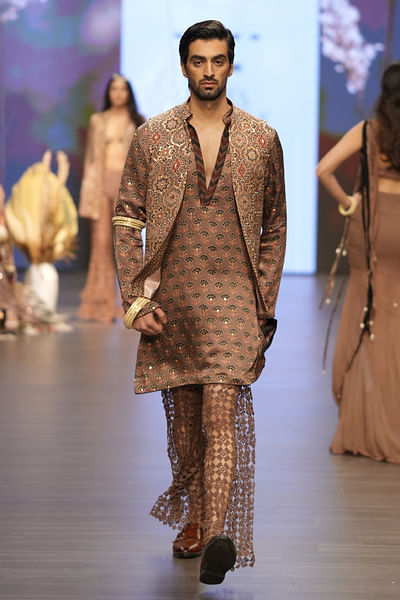 Sand coffee ajrakh printed nehru jacket set