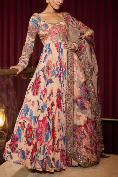 Sand floral printed anarkali set