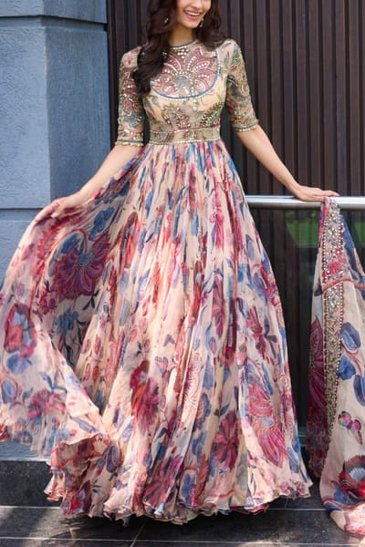 Sand mirror embroidered anarkali set