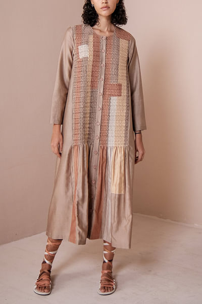 Sand smocked and patchwork shirt dress