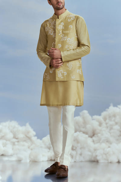 Nachiket Barve Sap green floral embroidered bandi kurta set NABFEB23D111