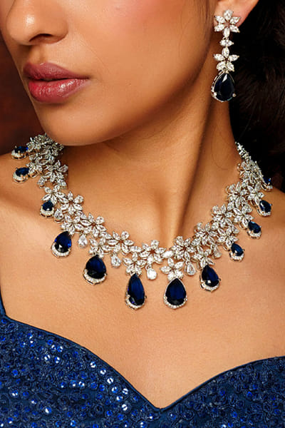Sapphire and white American diamond necklace set