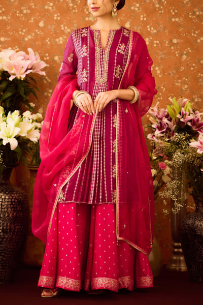 Shyam Narayan Prasad Scarlet purple floral embroidered sharara set SNPOCT2411