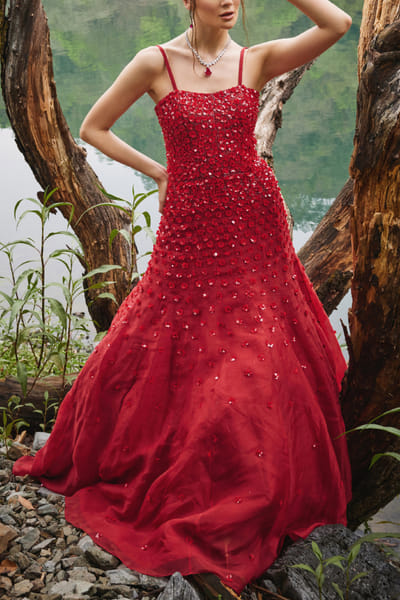 Scarlet red 3D floral embroidered gown