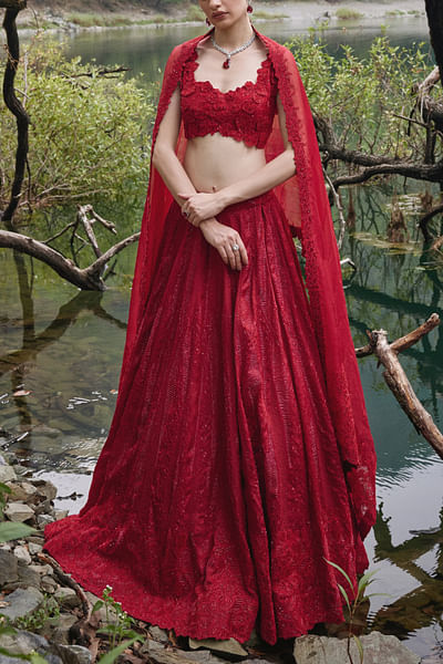 Scarlet red embroidered lehenga set