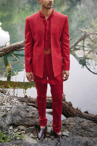 Varun Chakkilam Scarlet red linear embroidered jacket kurta set VACAUG2425