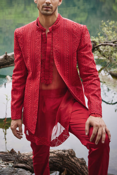 Varun Chakkilam Scarlet red linear embroidered jacket kurta set VACAUG2425