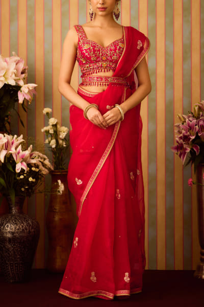 Scarlet red maroon embroidered sari set