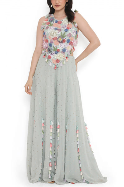 Sea foam embroidery sharara set