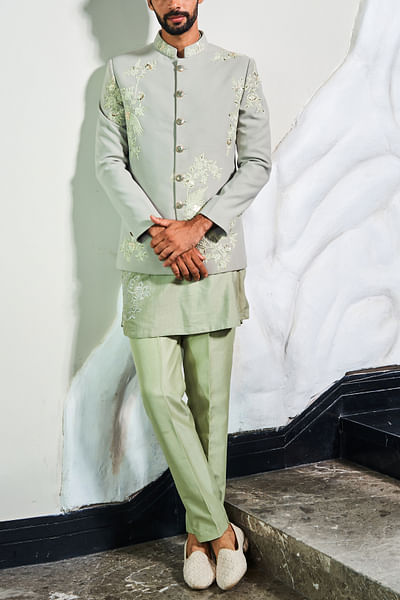 Sea green bird embroidered jodhpuri set