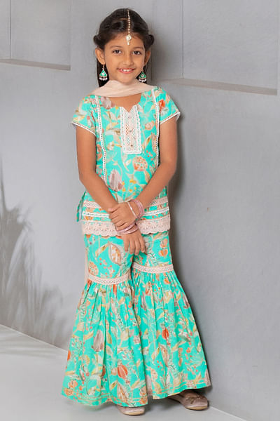 Sea green cotton sharara set