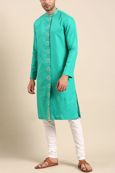 Sea green embroidered linen kurta set