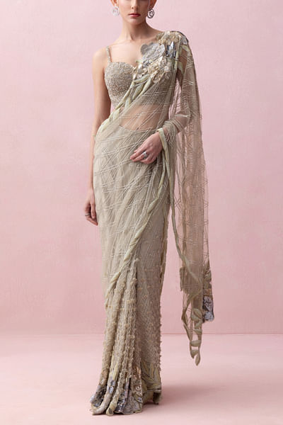 Sea green floral applique pre-stitched sari set