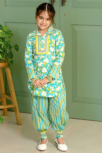 Sea green floral print kurta set
