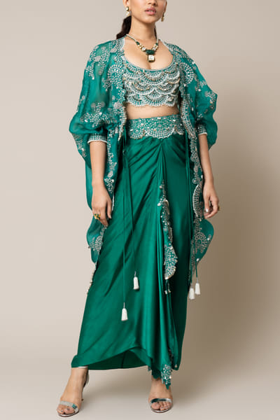 Nupur Kanoi Sea green Swarovski embroidered cape set NUKFEB24D120