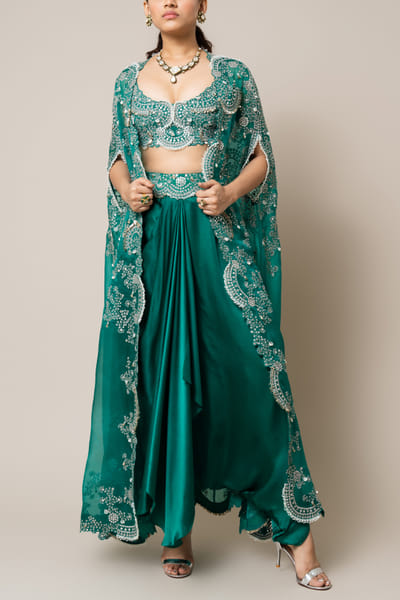 Nupur Kanoi Sea green Swarovski embroidery cape set NUKFEB24D104