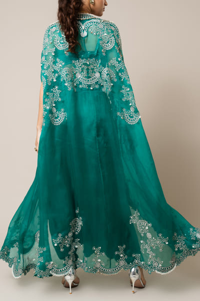 Nupur Kanoi Sea green Swarovski embroidery cape set NUKFEB24D104