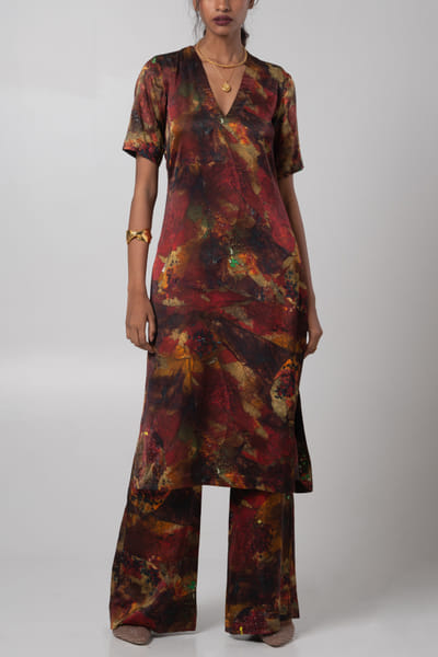 Advait Sepia artsy print linen satin kurta set ADVJAN25D12592