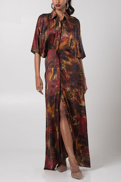 Sepia artsy print shirt dress