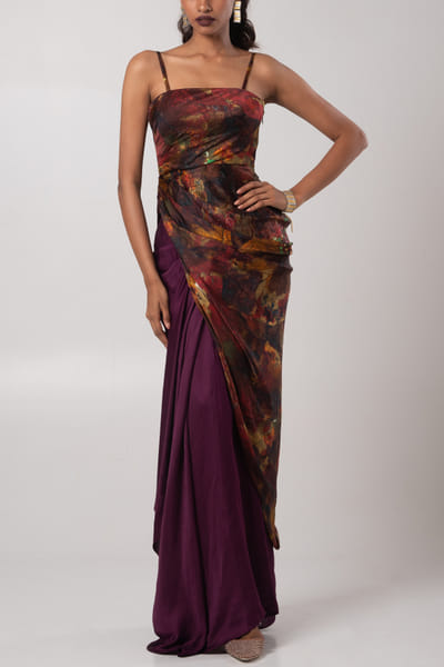 Advait Sepia ruched kurta and draped skirt ADVJAN25D12604