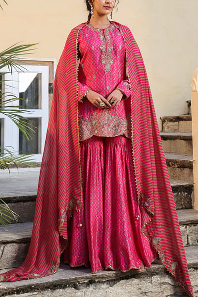 Shocking pink motif printed sharara set