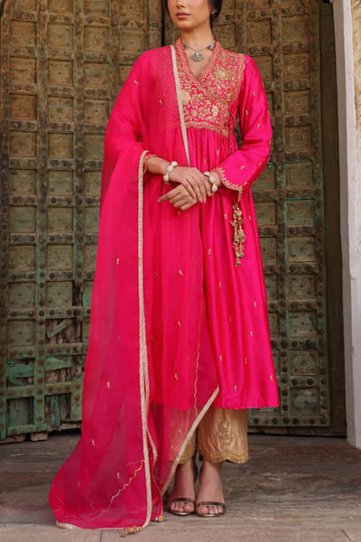 Shocking pink zari embroidery angrakha kurta set